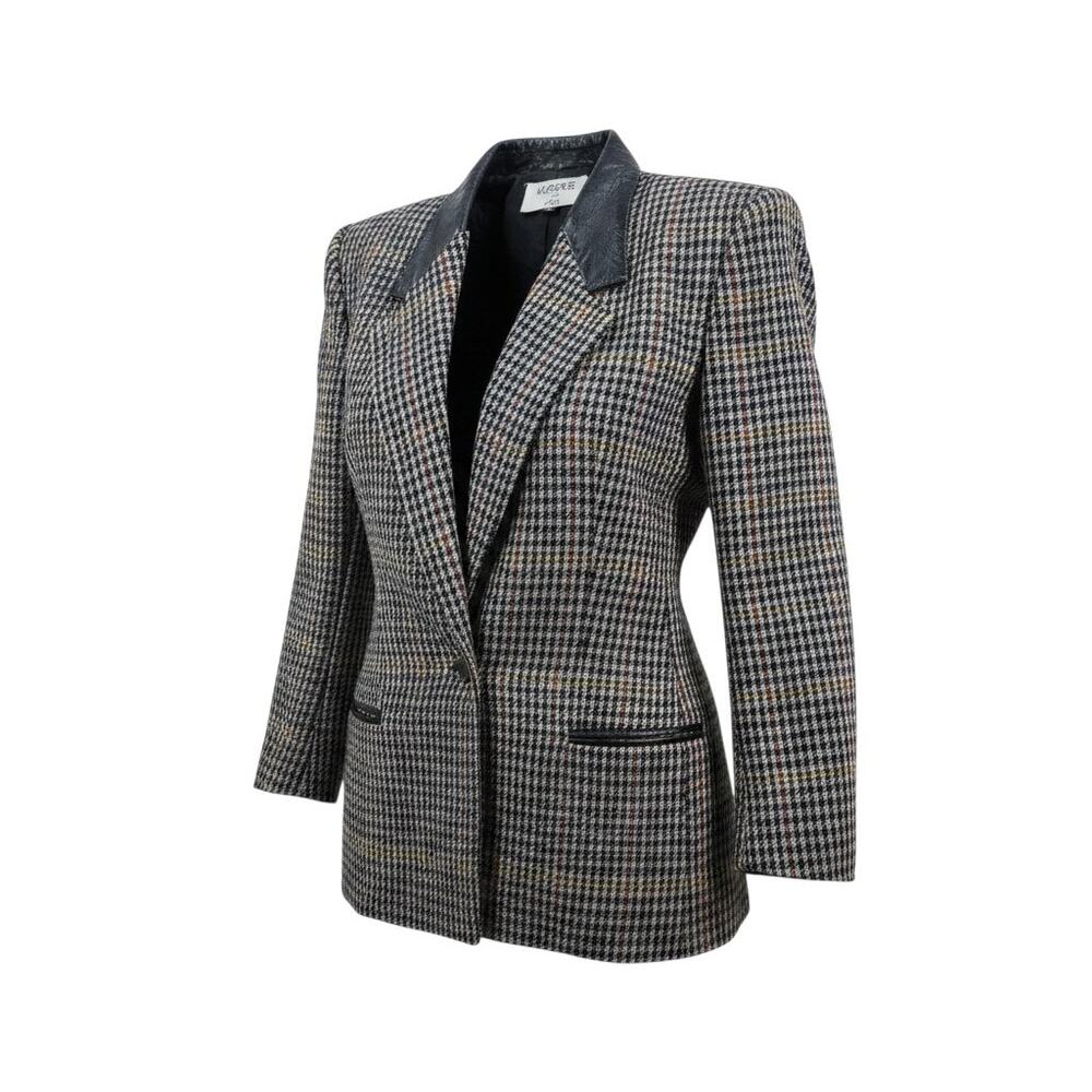 Kasper for ASL Womens Vintage Plaid Blazer Size 14 Wool Leather Trim Jacket
